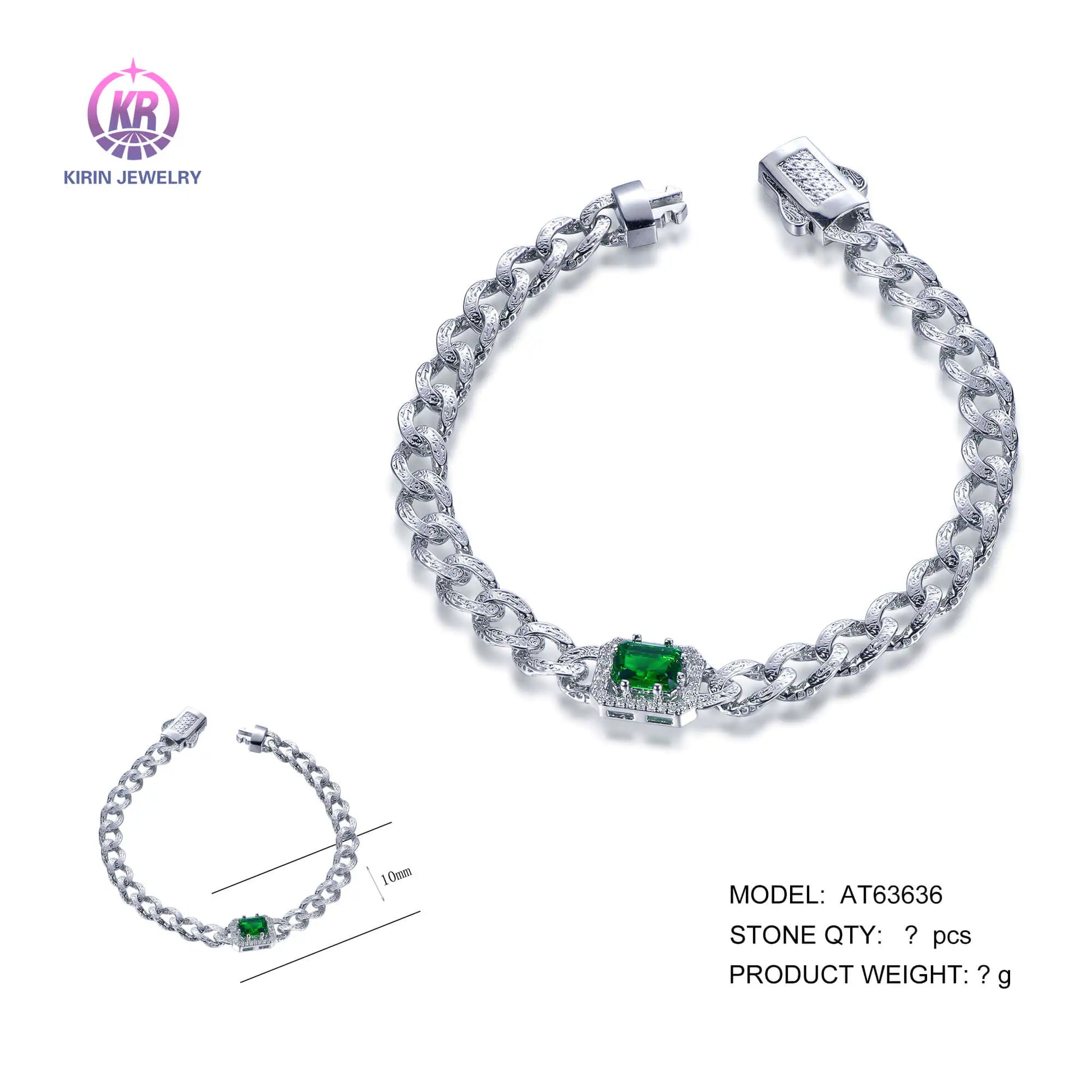 Wholesale Silver CZ & Glass Lab Created Emerald Cuban Link Bracelets for Women