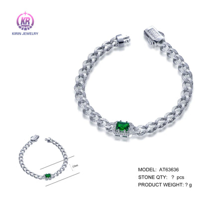 Wholesale Silver CZ & Glass Lab Created Emerald Cuban Link Bracelets for Women