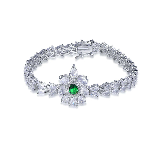 Wholesale Silver CZ & Glass Lab Created Emerald Flower Bangle Bracelet