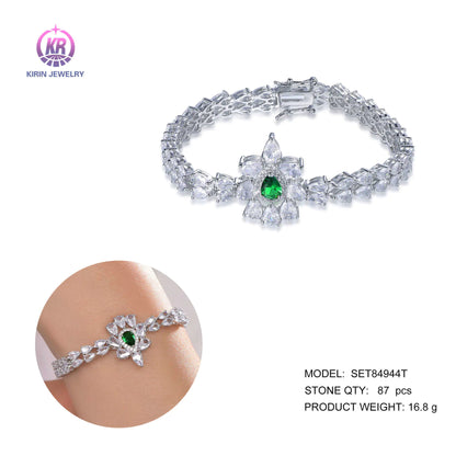 Wholesale Silver CZ & Glass Lab Created Emerald Flower Bangle Bracelet for Women