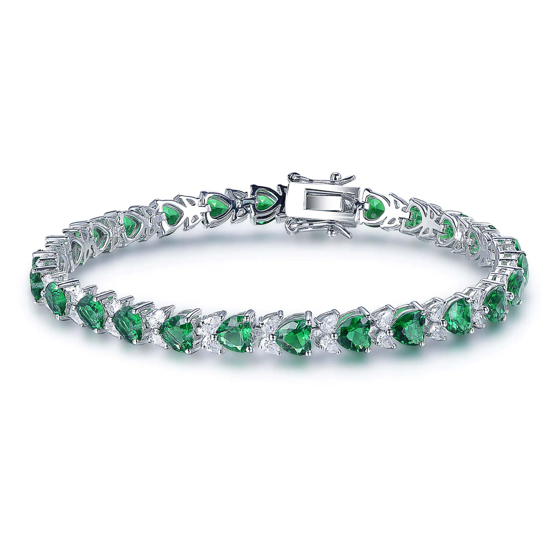 Wholesale Silver CZ & Glass Lab Created Emerald Heart Shape Tennis Bracelet​