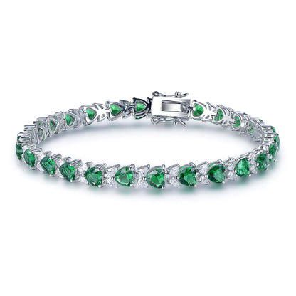 Wholesale Silver CZ & Glass Lab Created Emerald Heart Shape Tennis Bracelet​
