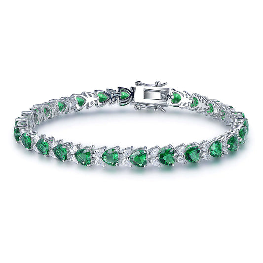 Wholesale Silver CZ & Glass Lab Created Emerald Heart Shape Tennis Bracelet​