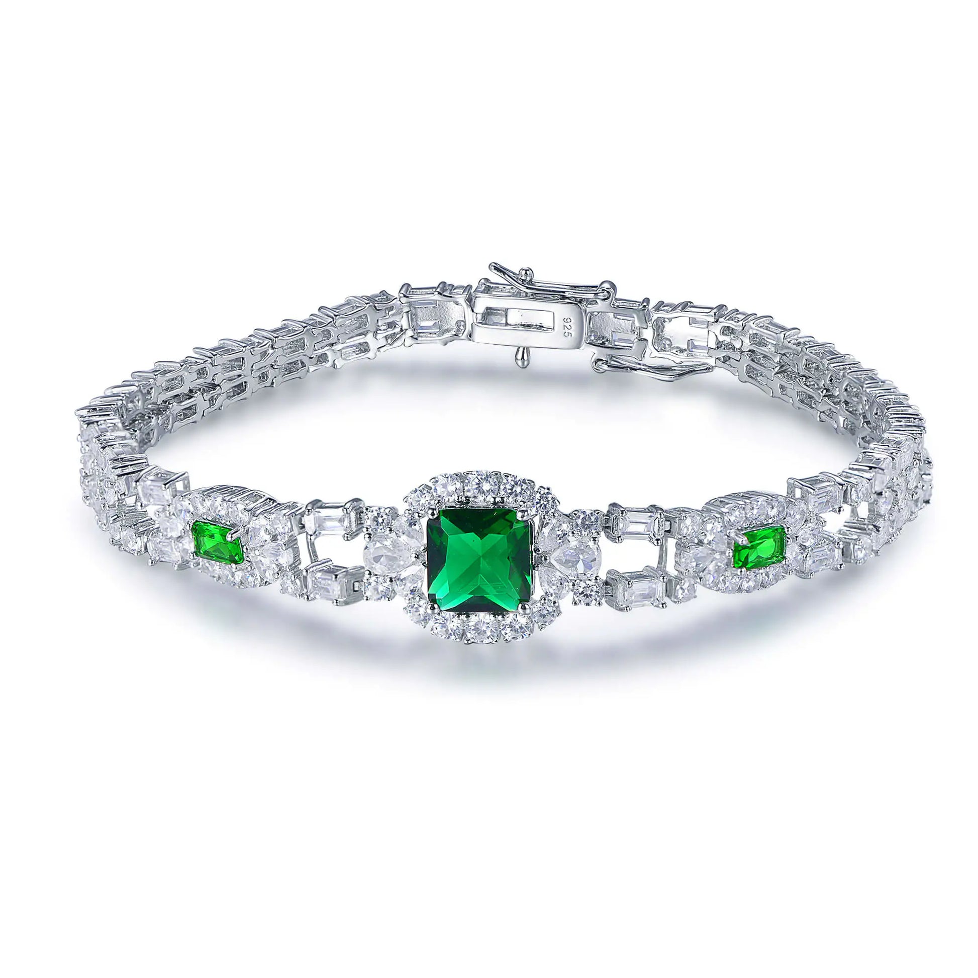 Wholesale Silver CZ & Glass Lab Created Emerald and Diamond Bracelet