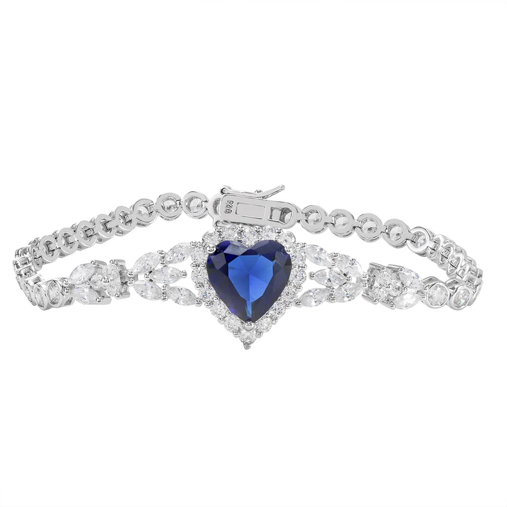 Wholesale Silver CZ & Glass Lab Created Sapphire Heart Tennis Bracelet