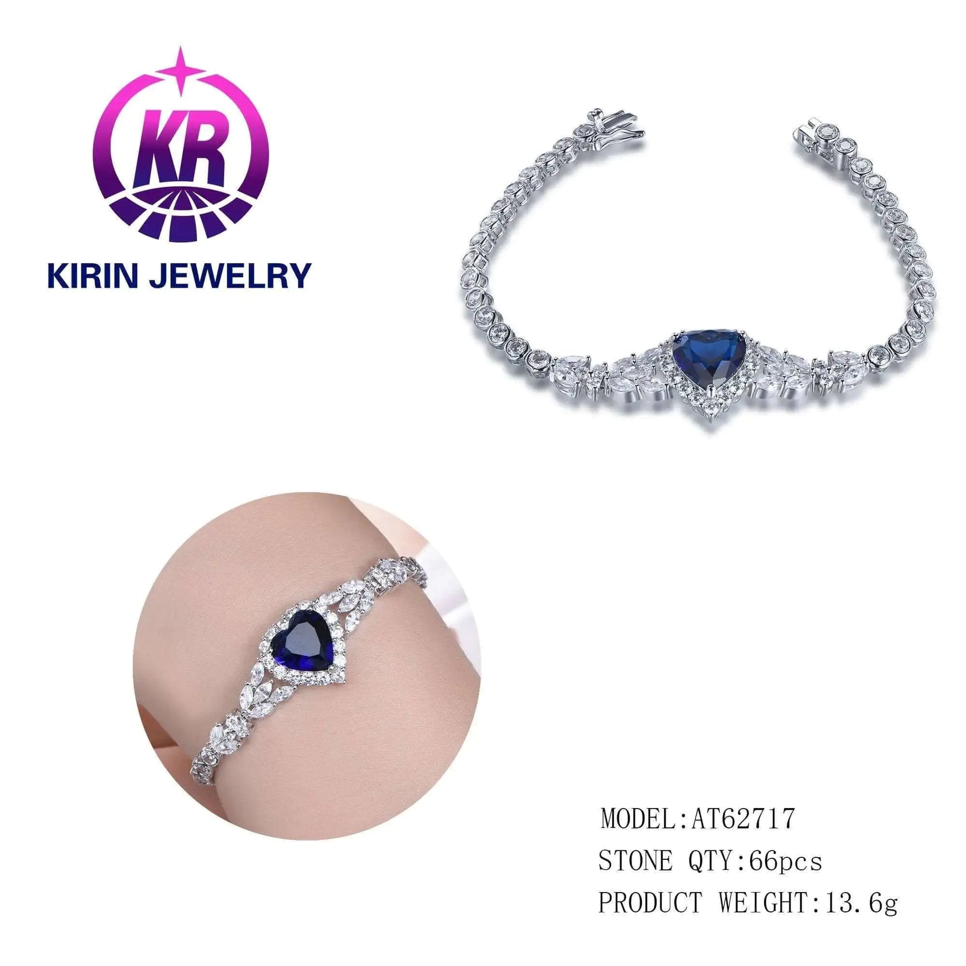 Wholesale Silver CZ & Glass Lab Created Sapphire Heart Tennis Bracelet for Women