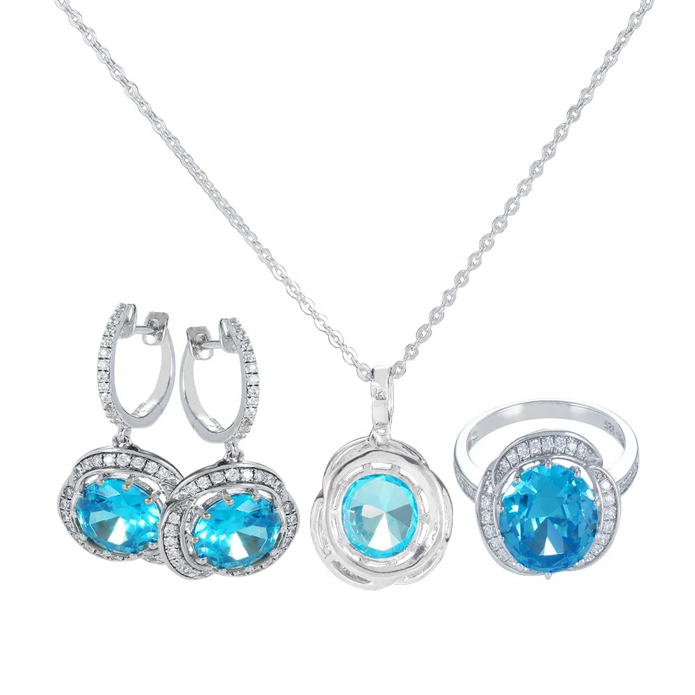 Wholesale Silver CZ & Glass Lab Created Sapphire Round Simple Bridal Jewelry Set​