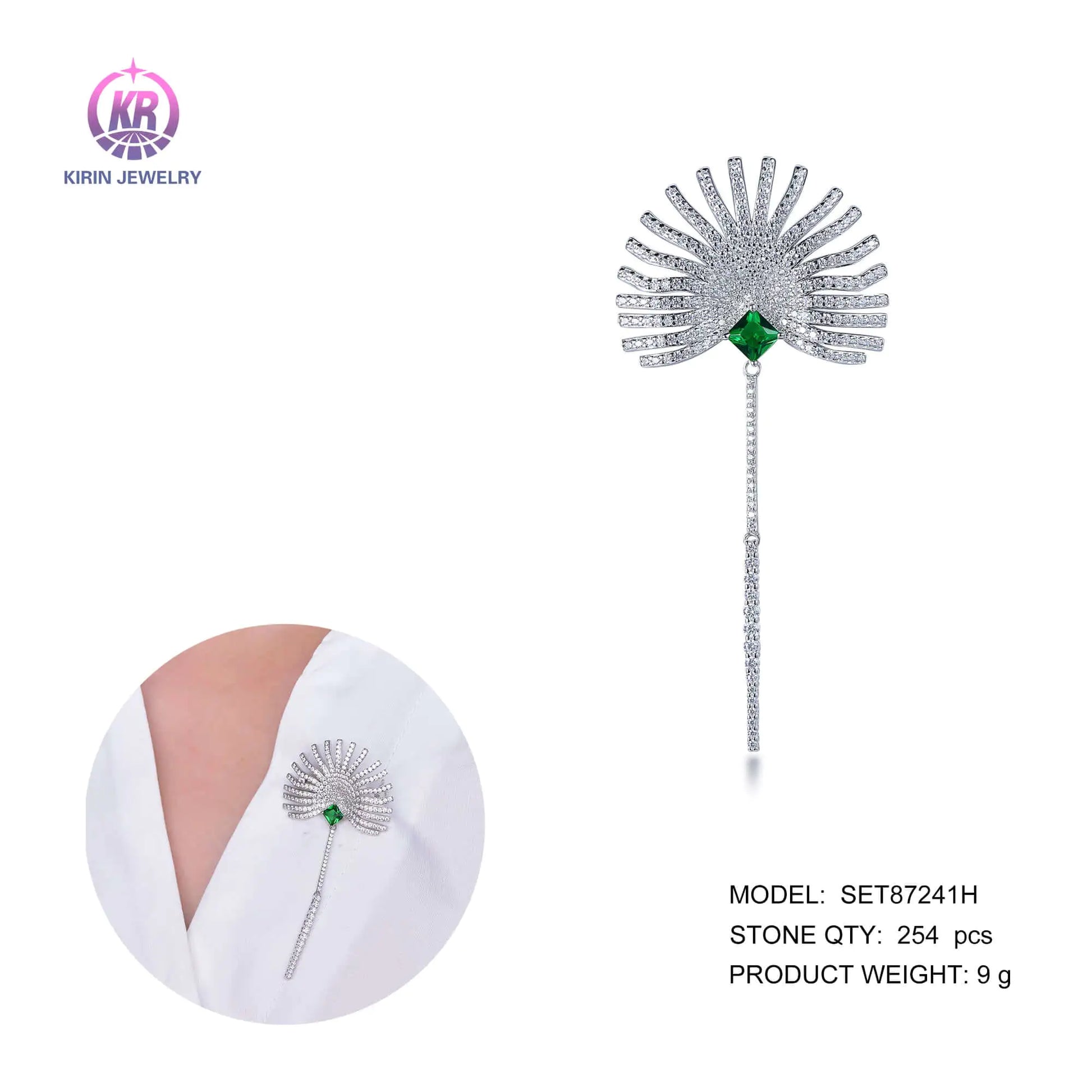 Wholesale Silver CZ & Glass Lab Cteated Emerald Sector Tassel Statement Brooch for Women