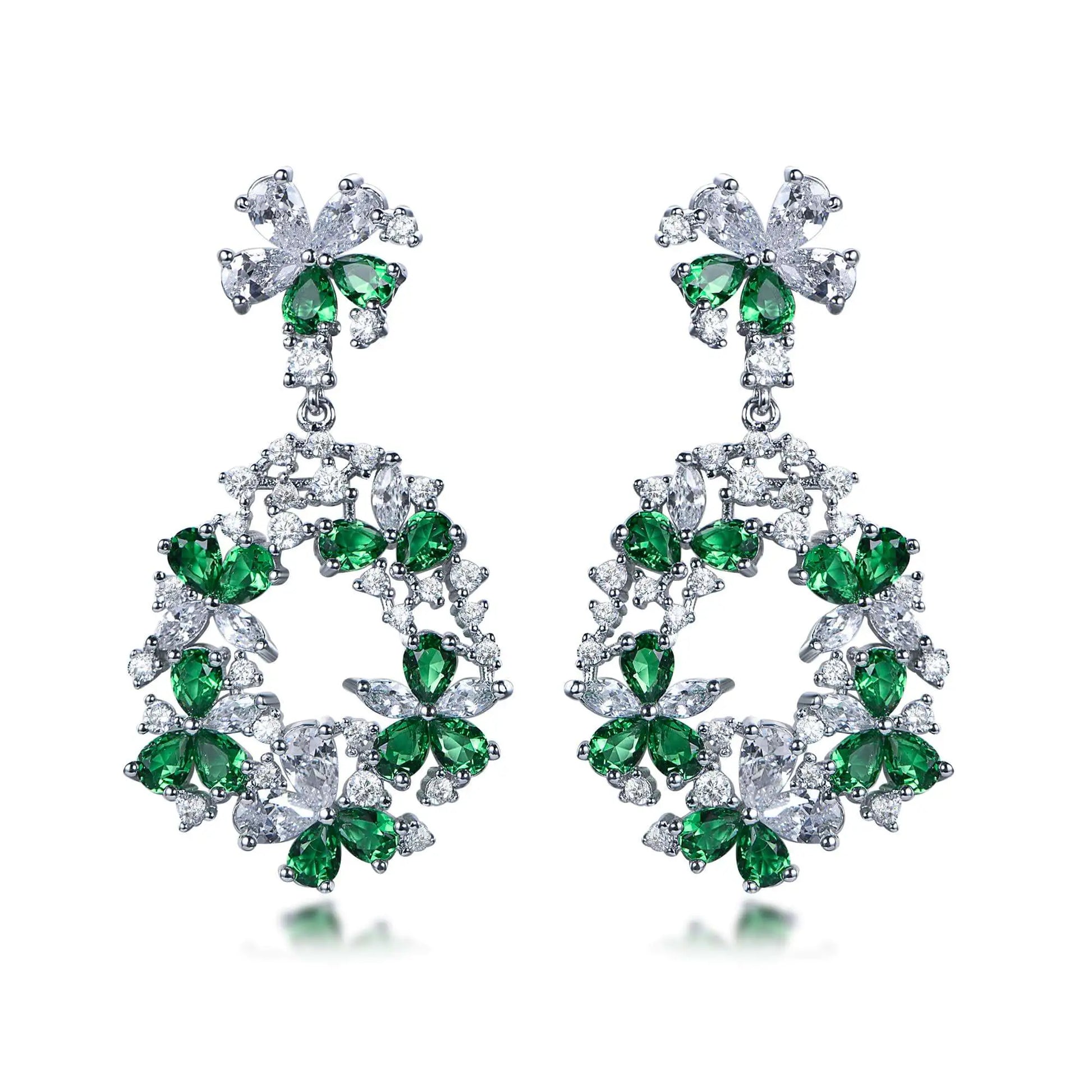 Wholesale Silver CZ & Glass Lab Diamond & Emerald Flower Drop Hoop Earrings