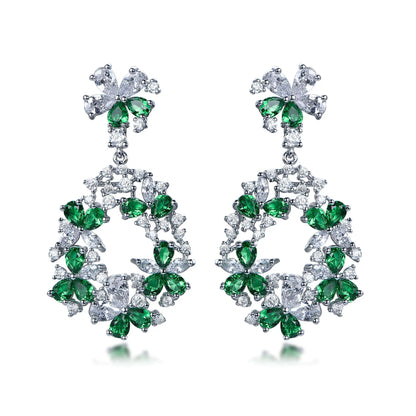 Wholesale Silver CZ & Glass Lab Diamond & Emerald Flower Drop Hoop Earrings