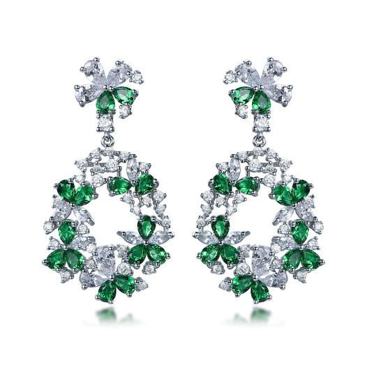 Wholesale Silver CZ & Glass Lab Diamond & Emerald Flower Drop Hoop Earrings