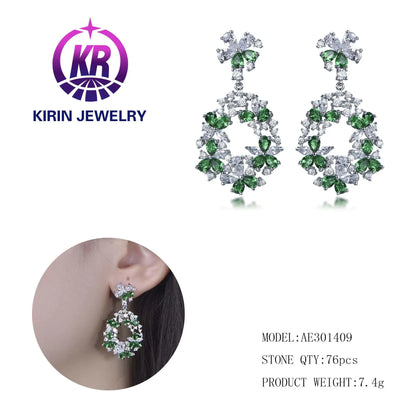 Wholesale Silver CZ & Glass Lab Diamond & Emerald Flower Drop Hoop Earrings for Women