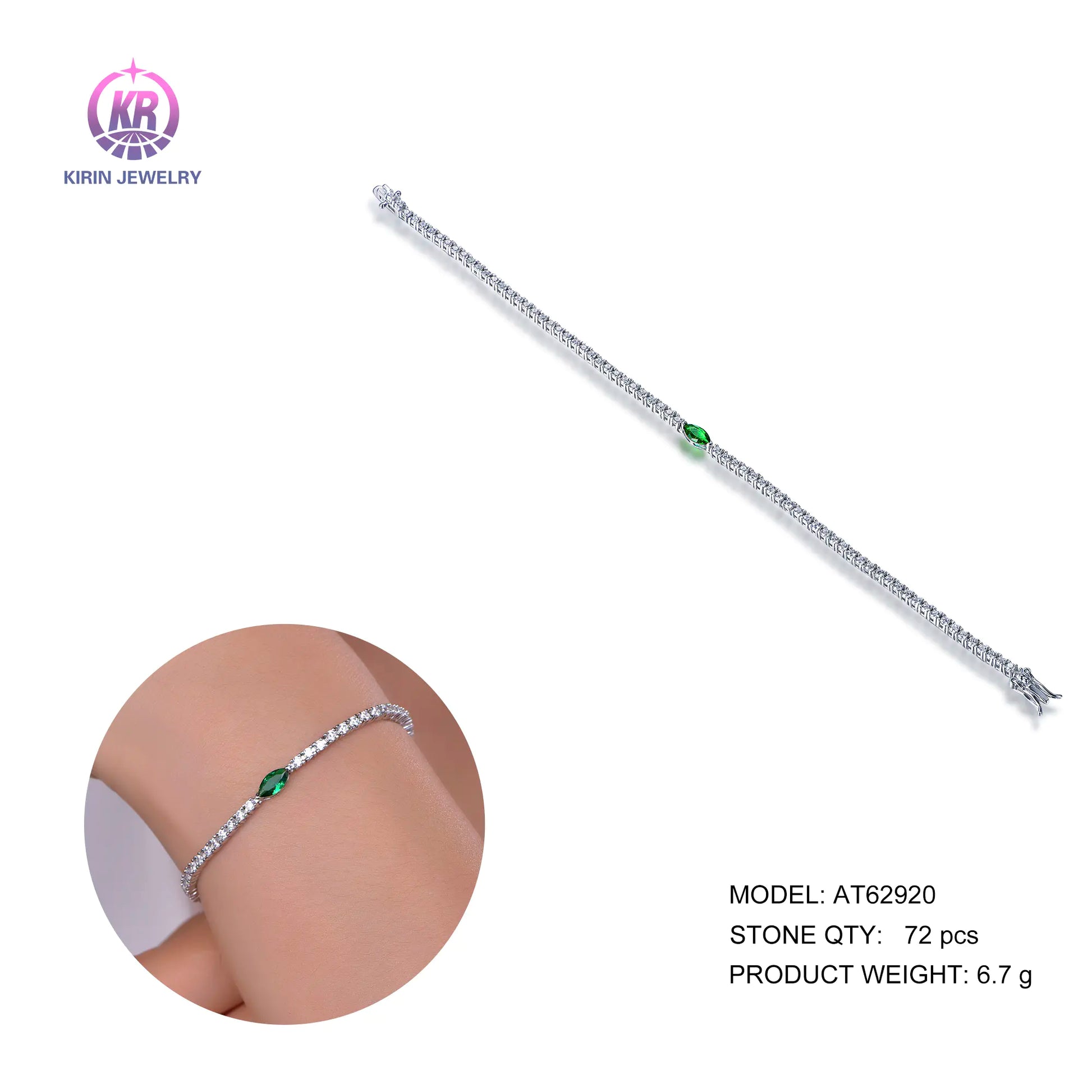 Wholesale Silver CZ & Glass Lab Grown Emerald Diamond Tennis Bracelet for Women