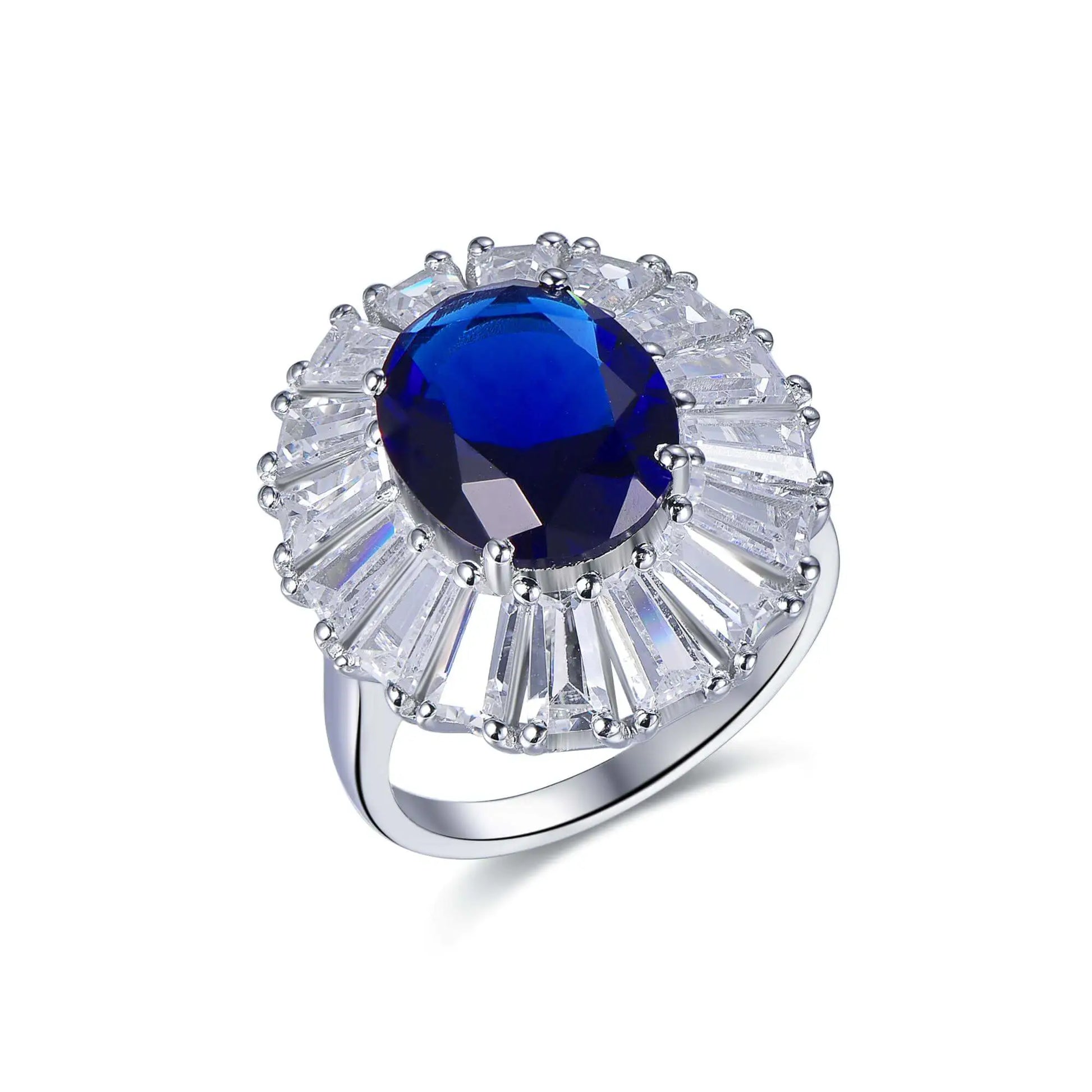 Wholesale Silver CZ & Glass Oval Cut Lab Created Sapphire Ballerina Style Ring​
