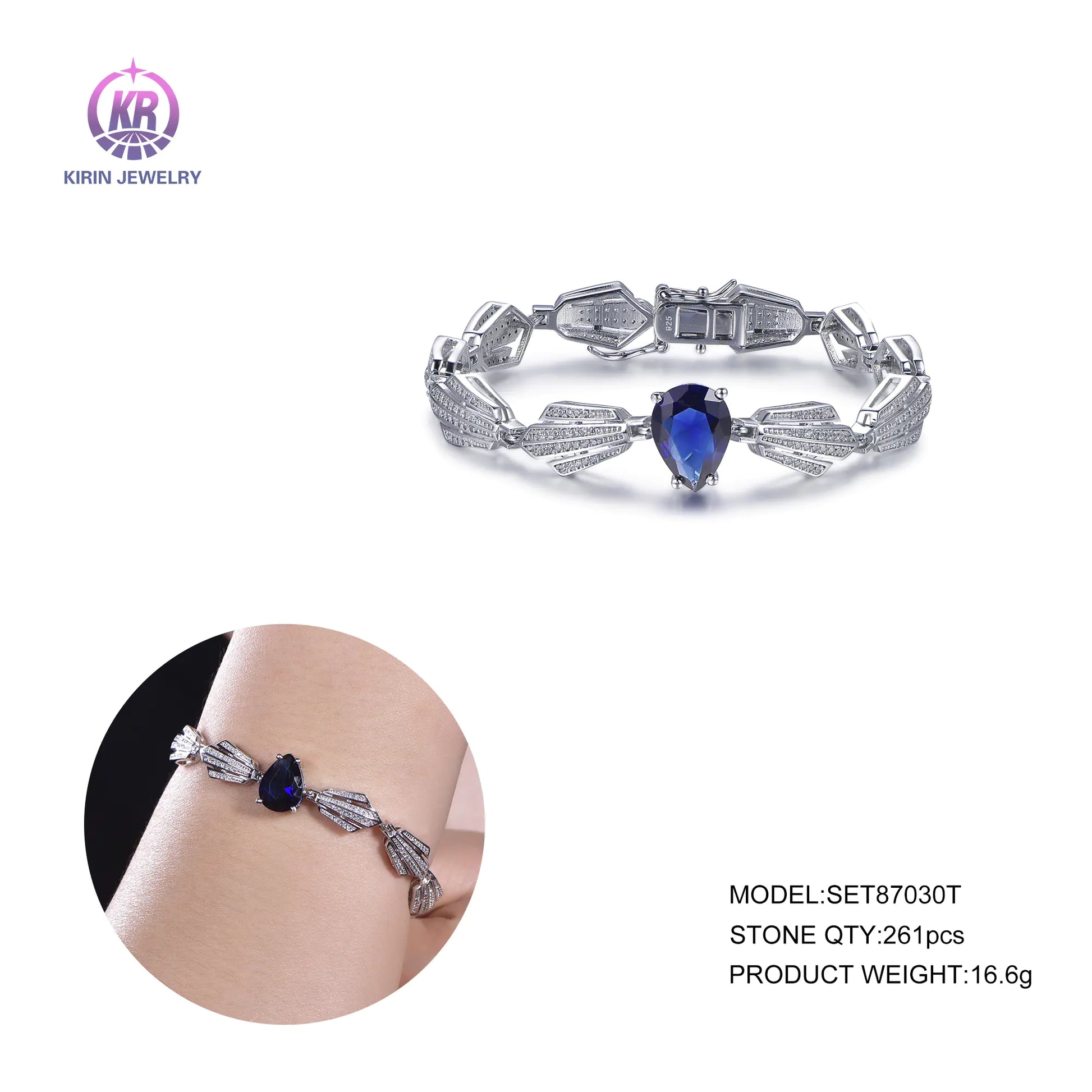 Wholesale Silver CZ & Glass Pear Cut Lab Created Sapphire Personalized Chain Bracelets for Women