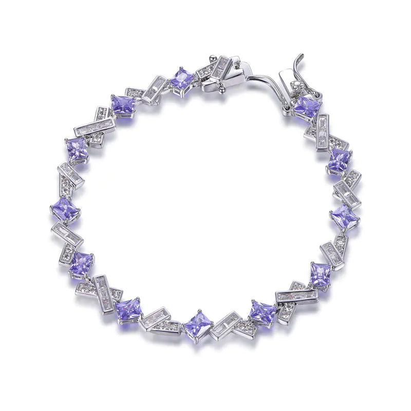 Wholesale Silver CZ & Glass Purple White Gemstone Link Bracelet