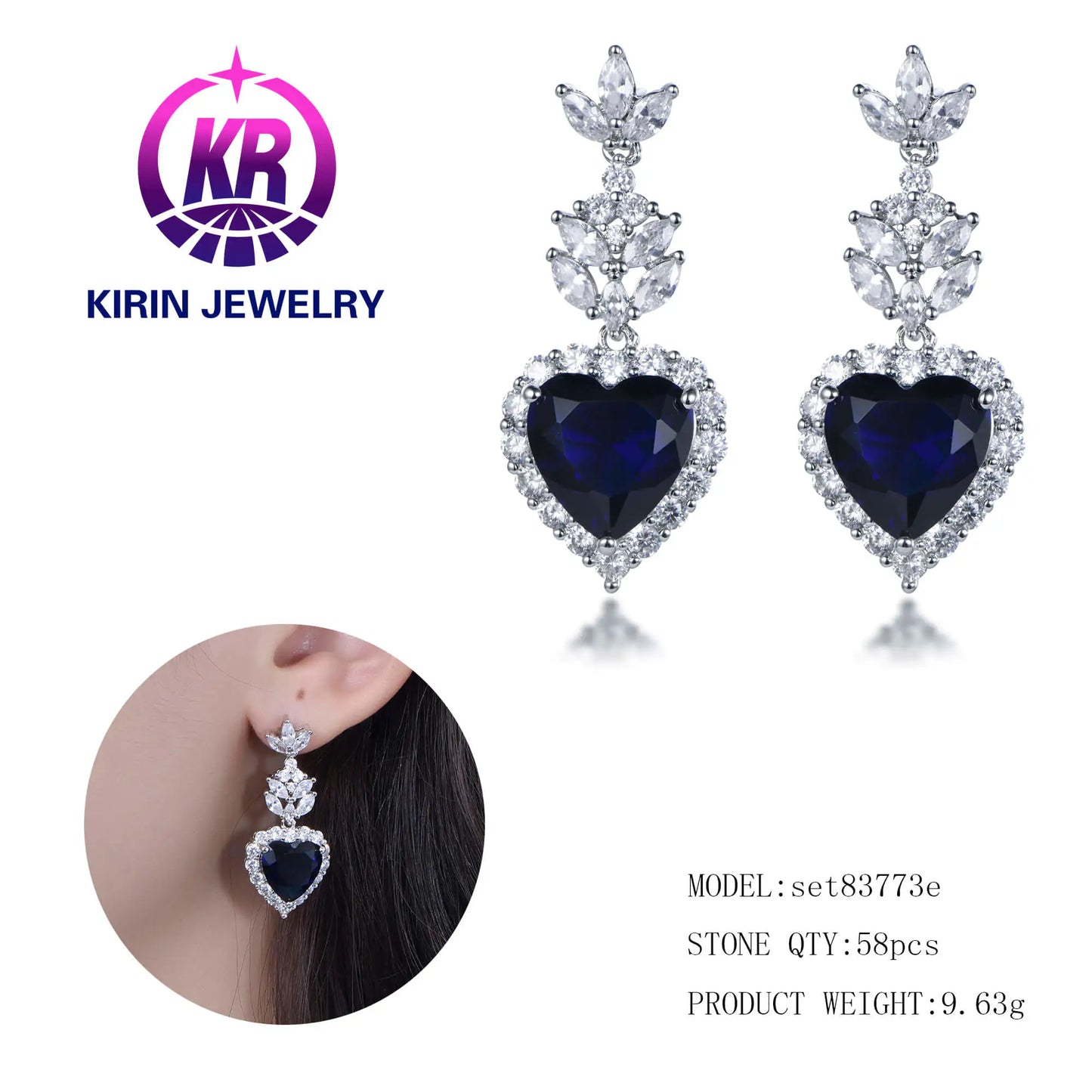 Wholesale Silver CZ & Glass Simulated Sapphire Earrings Heart Jewelry Set