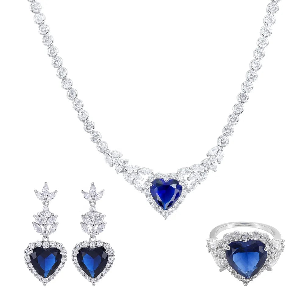 Wholesale Silver CZ & Glass Simulated Sapphire Heart Jewelry Set