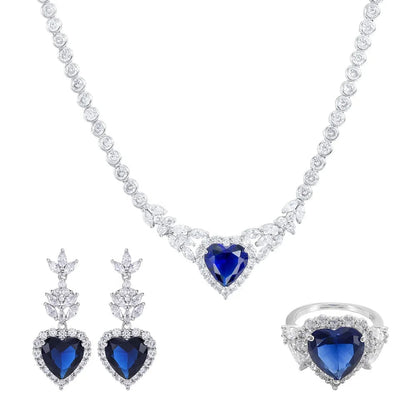 Wholesale Silver CZ & Glass Simulated Sapphire Heart Jewelry Set