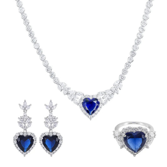 Wholesale Silver CZ & Glass Simulated Sapphire Heart Jewelry Set