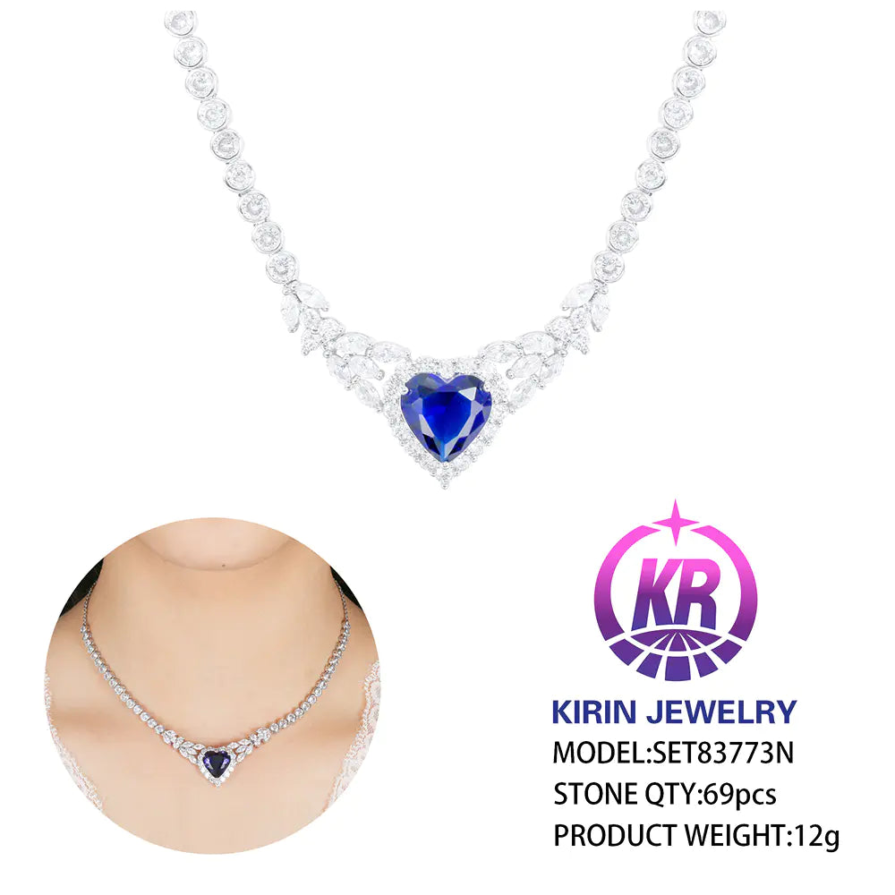 Wholesale Silver CZ & Glass Simulated Sapphire Necklace Heart Jewelry Set