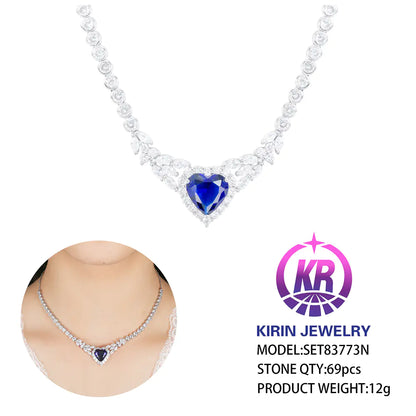 Wholesale Silver CZ & Glass Simulated Sapphire Necklace Heart Jewelry Set
