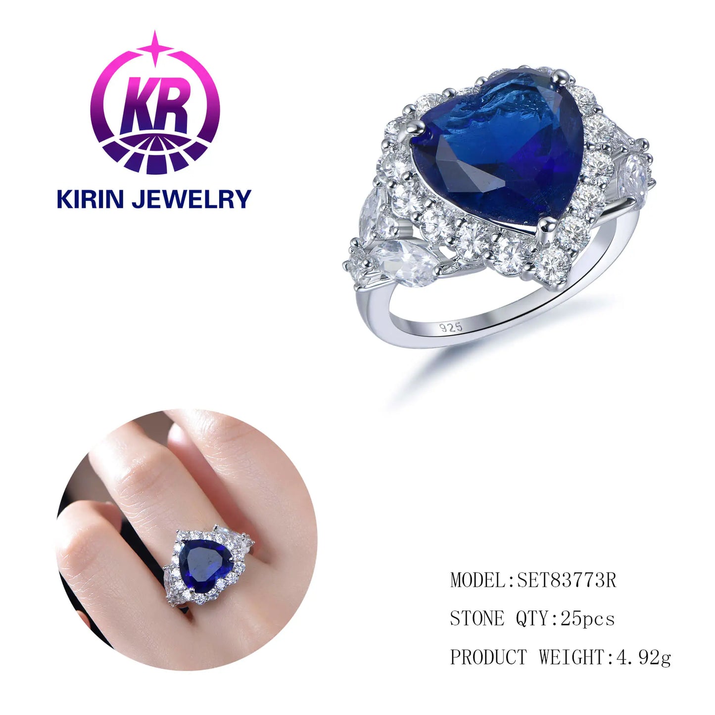 Wholesale Silver CZ & Glass Simulated Sapphire RIng Heart Jewelry Set