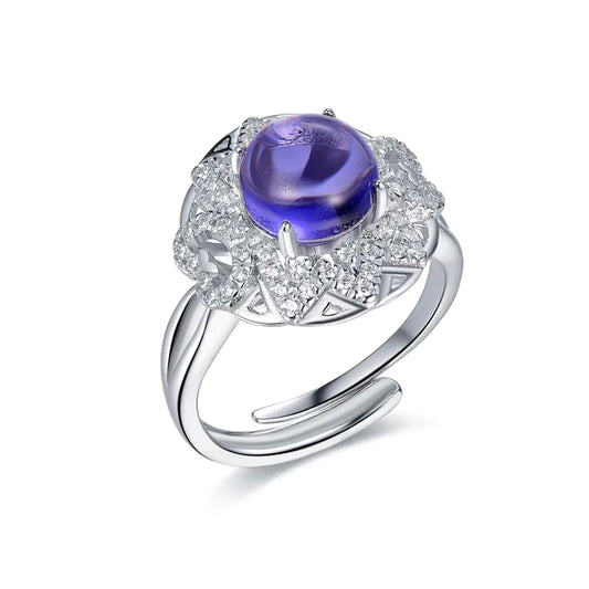 Wholesale Silver CZ & Glass Simulated Violet Amethyst & Diamond Open Purple Flower Ring