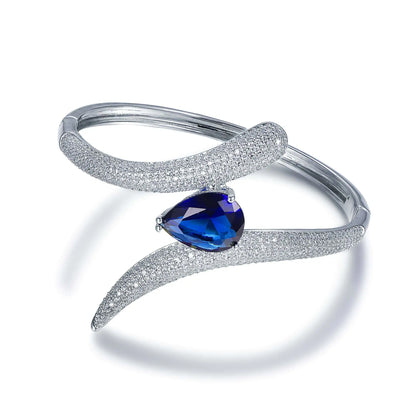 Wholesale Silver CZ & Glass Statement Simulated Blue Sapphire Bangle