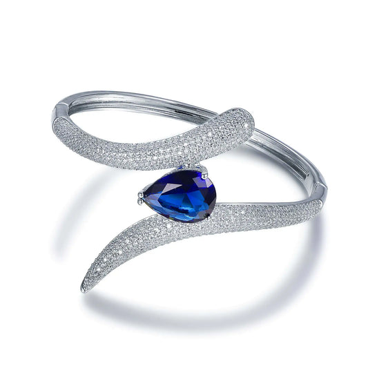 Wholesale Silver CZ & Glass Statement Simulated Blue Sapphire Bangle