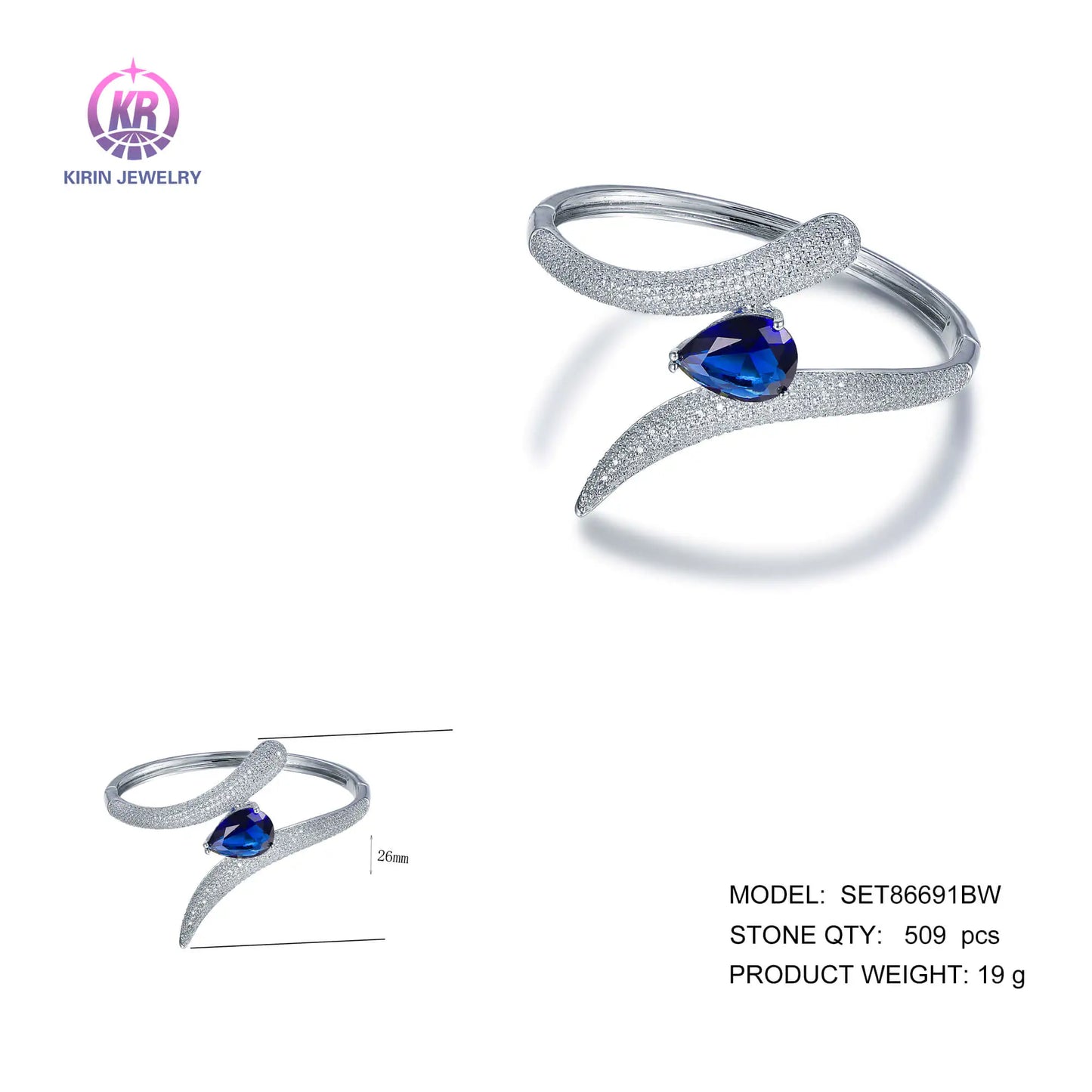 Wholesale Silver CZ & Glass Statement Simulated Blue Sapphire Bangle for Women