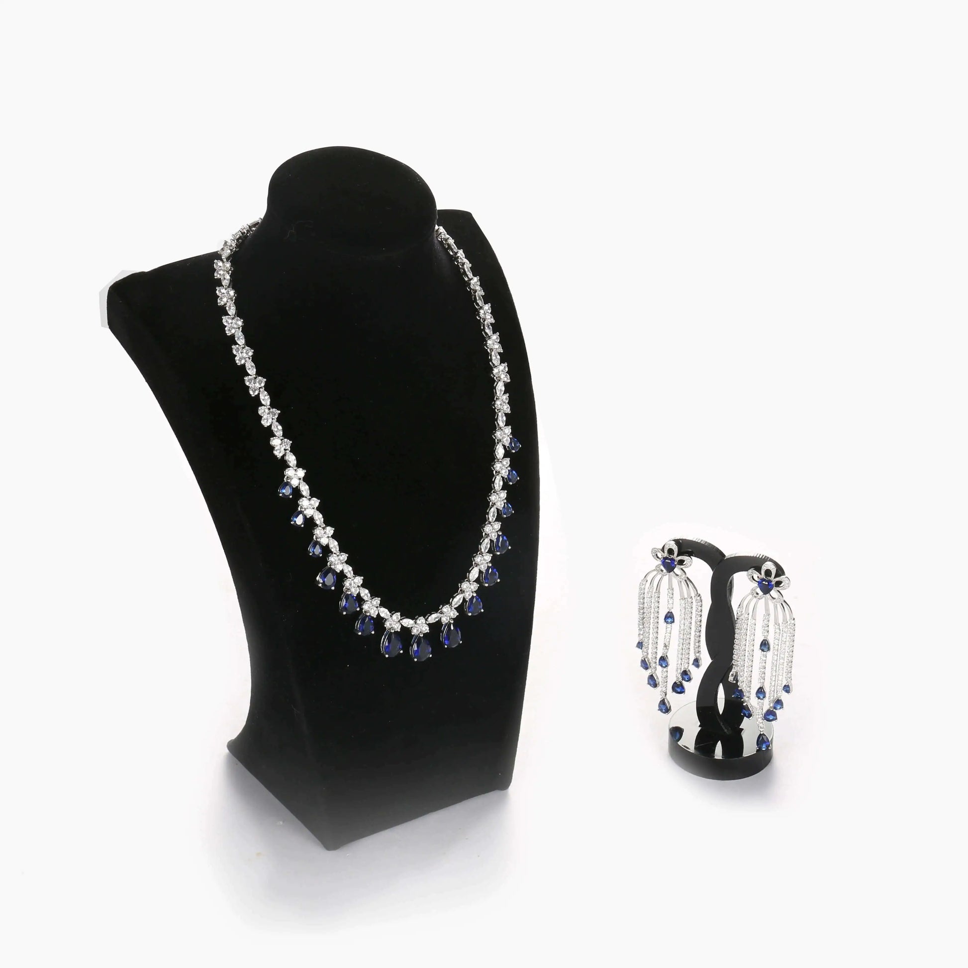 Wholesale Silver CZ & Glass Tear-drop Simulated Sapphire Simple Bridal Jewelry Set