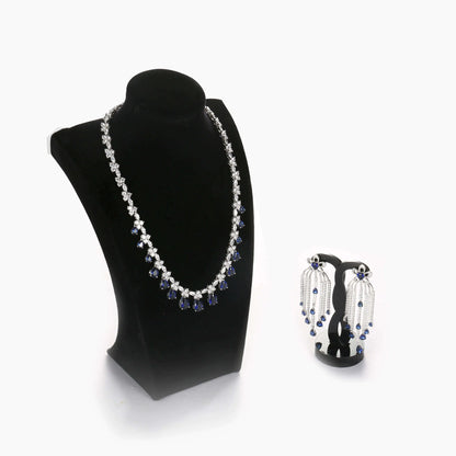 Wholesale Silver CZ & Glass Tear-drop Simulated Sapphire Simple Bridal Jewelry Set