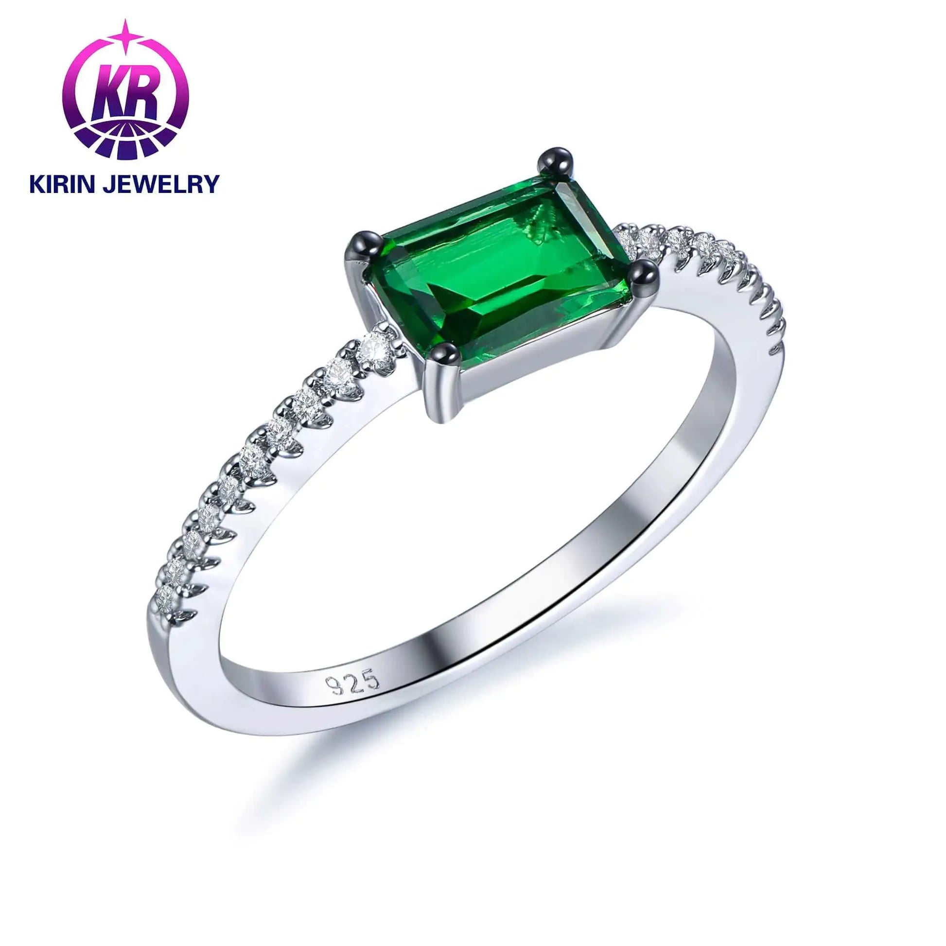 Wholesale Silver CZ Half-Eternity Engagement Rectangle Lab Created Emerald Ring
