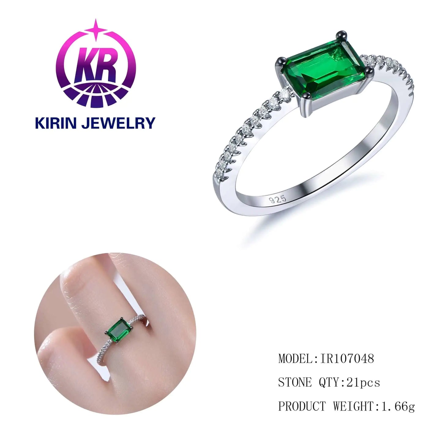 Wholesale Silver CZ Half-Eternity Engagement Rectangle Lab Created Emerald Ring for Women