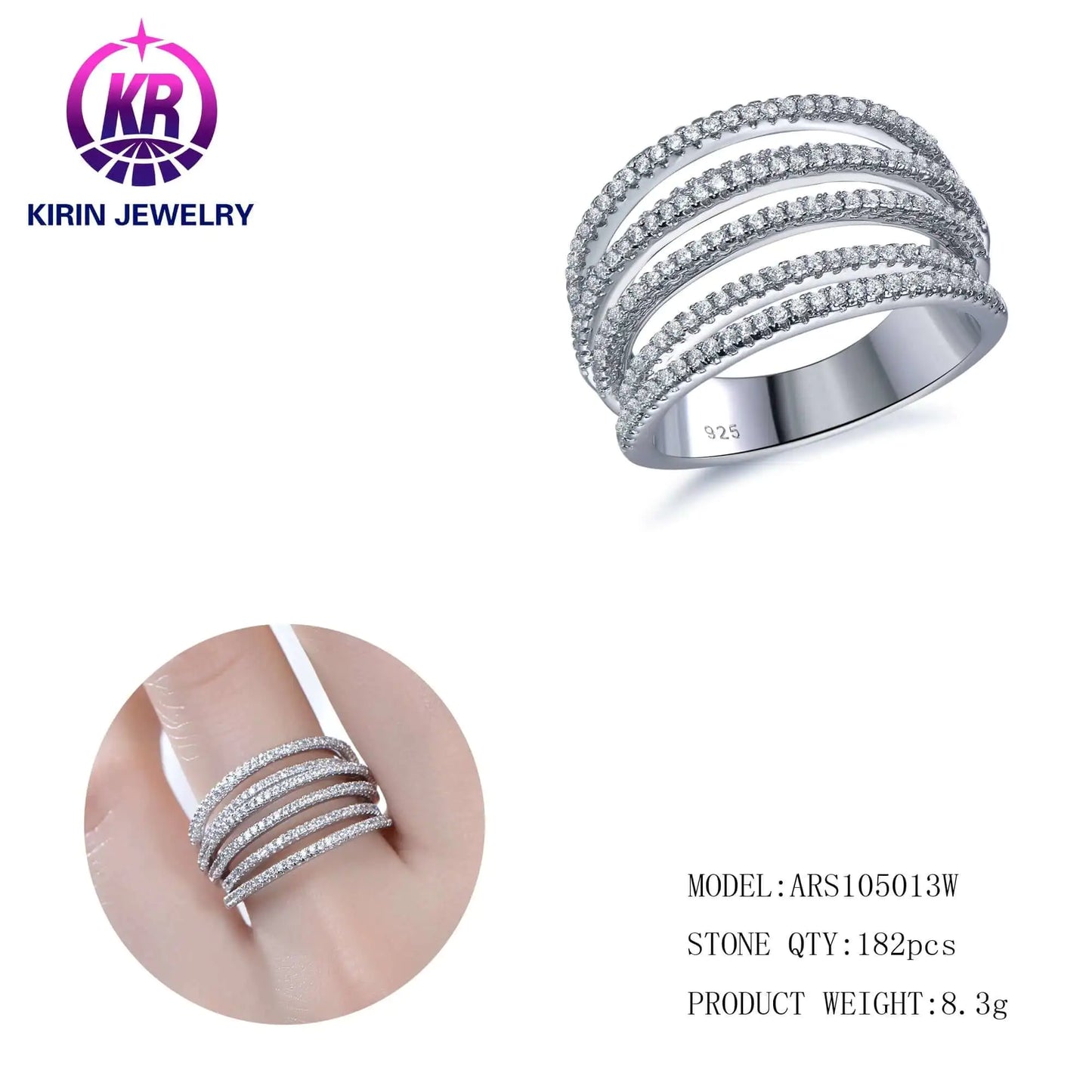 Wholesale Silver CZ Half Eternity Statement Engagement Multi Row Diamond Ring for Women