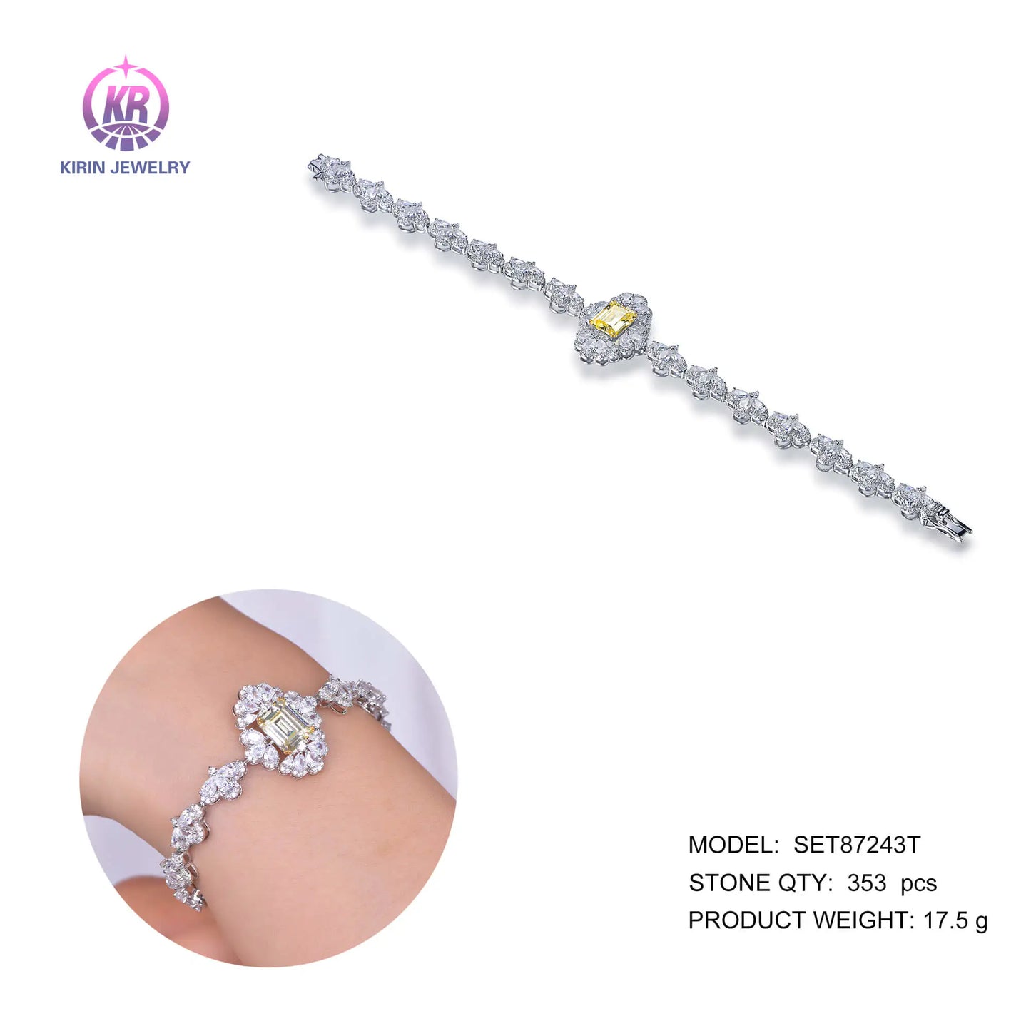 Wholesale Silver Cubic Zircon Lab Created Citrine and Diamond Tennis Bracelet for Women