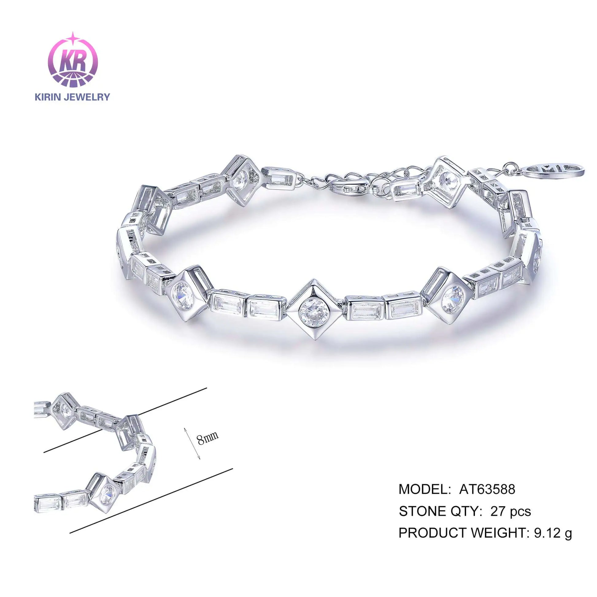 Wholesale Silver CZ Lab Created Diamond Statement Geometric Bracelet for Women