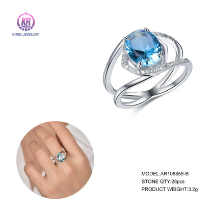 Wholesale Silver CZ Lab Created Sapphire Oval Halo Split Shank Big Stone Rings for Women