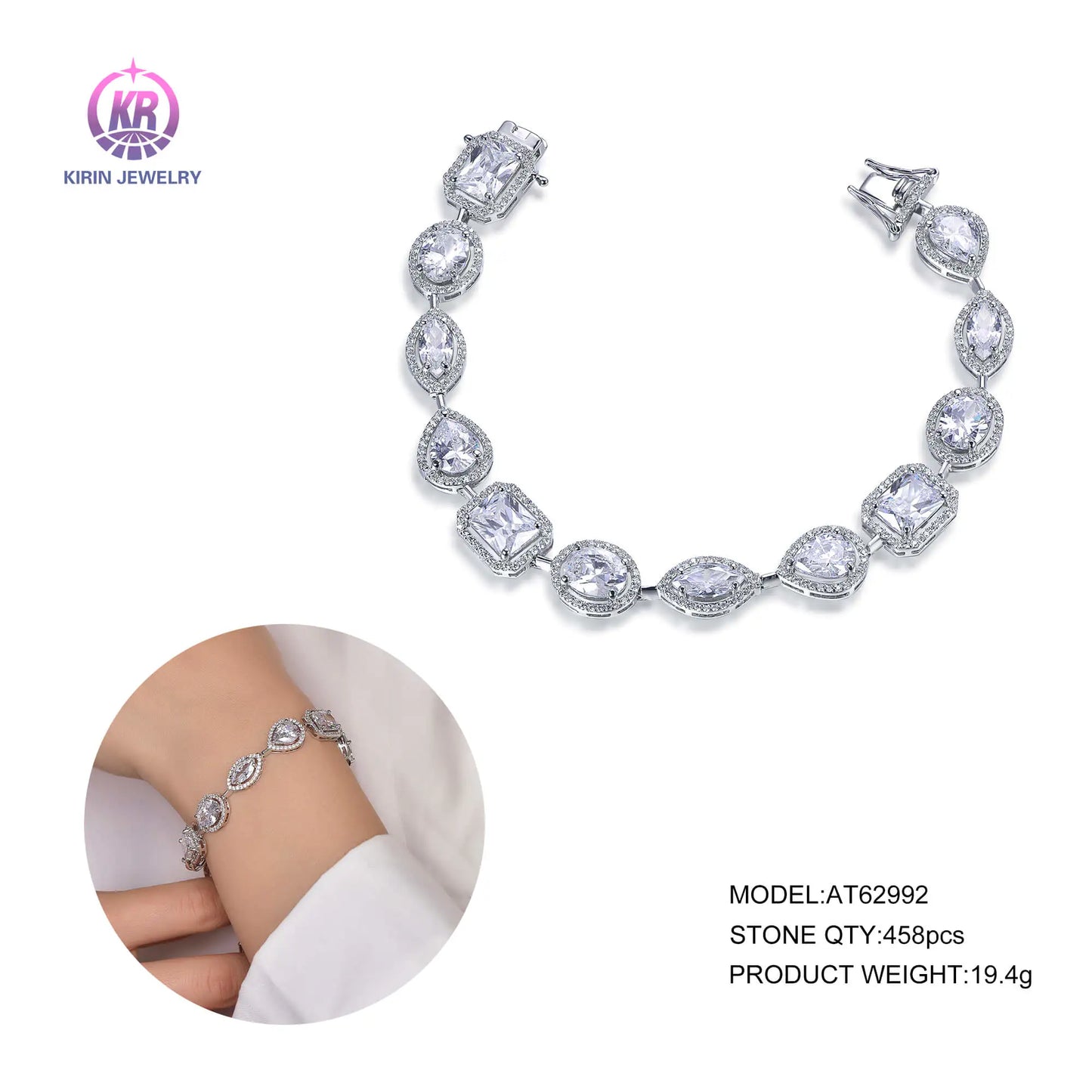 Wholesale Silver CZ Mixed Cut Lab Created Multi Shape Diamond Tennis Bracelet for Women