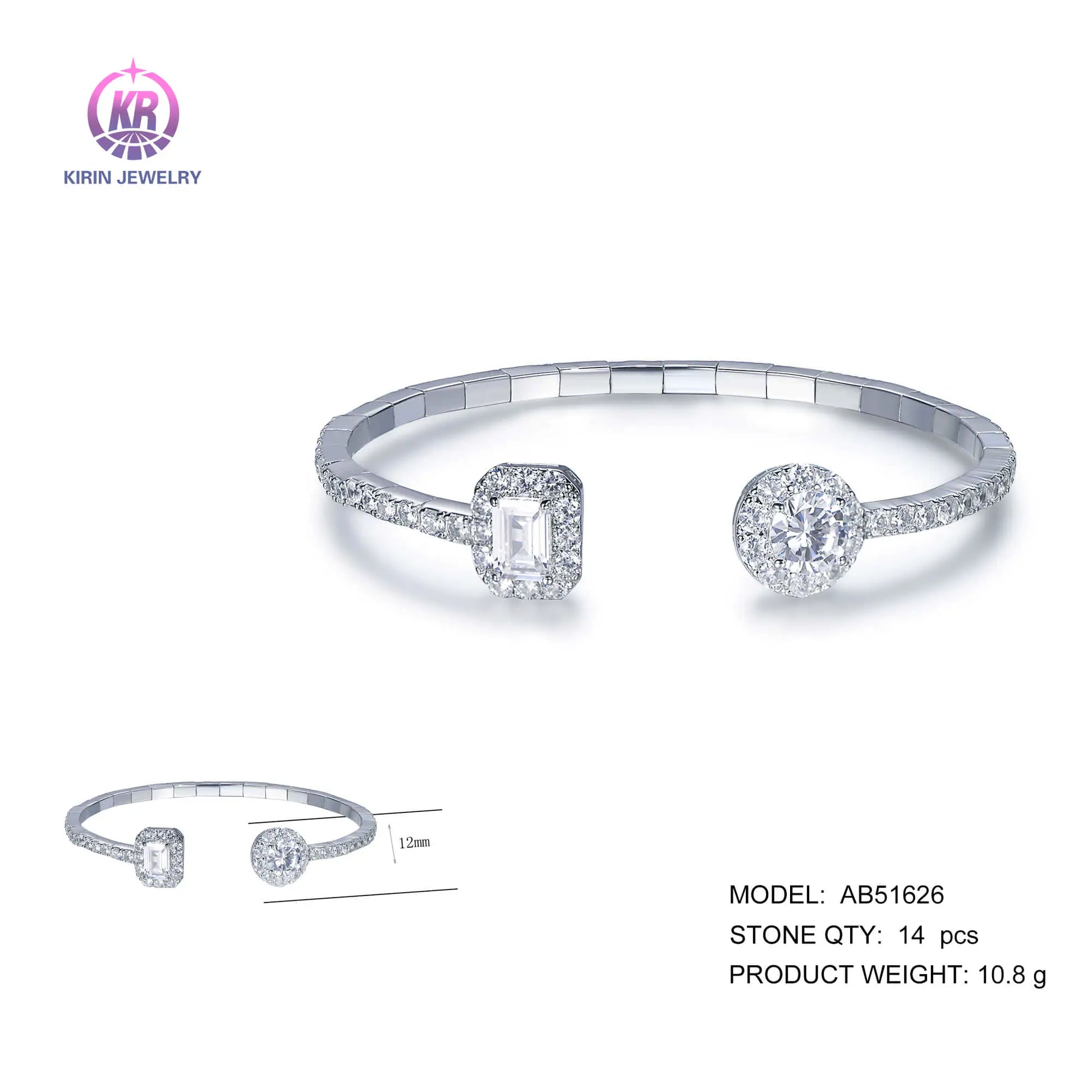 Wholesale Silver CZ Open Round and Baguette Lab Grown Diamond Bangle for Women