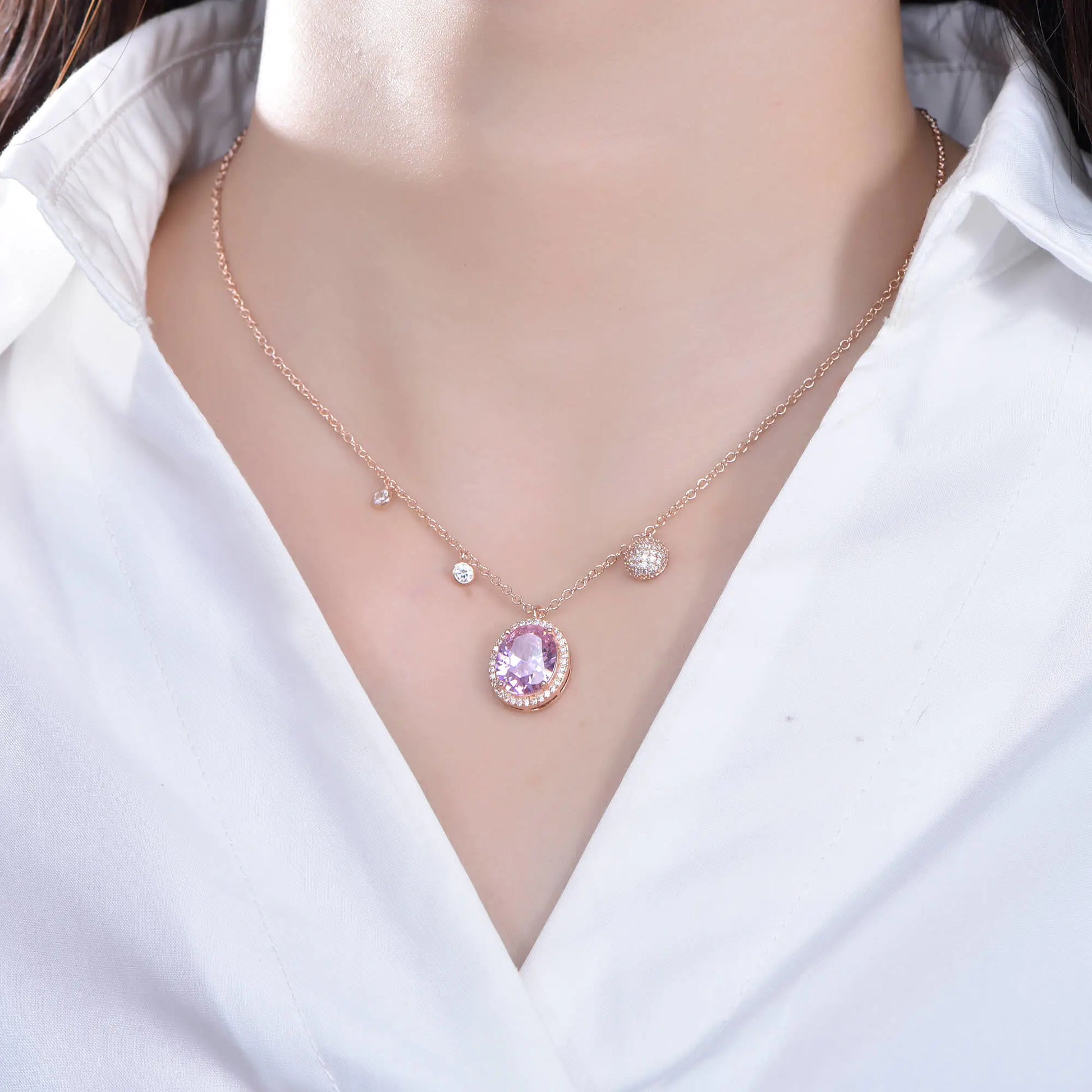 Wholesale Silver CZ Oval Cut Halo Pendant Necklace for Women