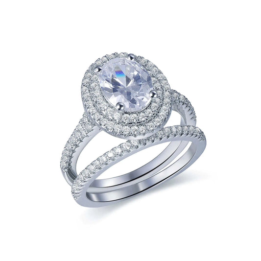 Wholesale Silver CZ Oval Lab Grown Diamond Double Halo Engagement Ring Set
