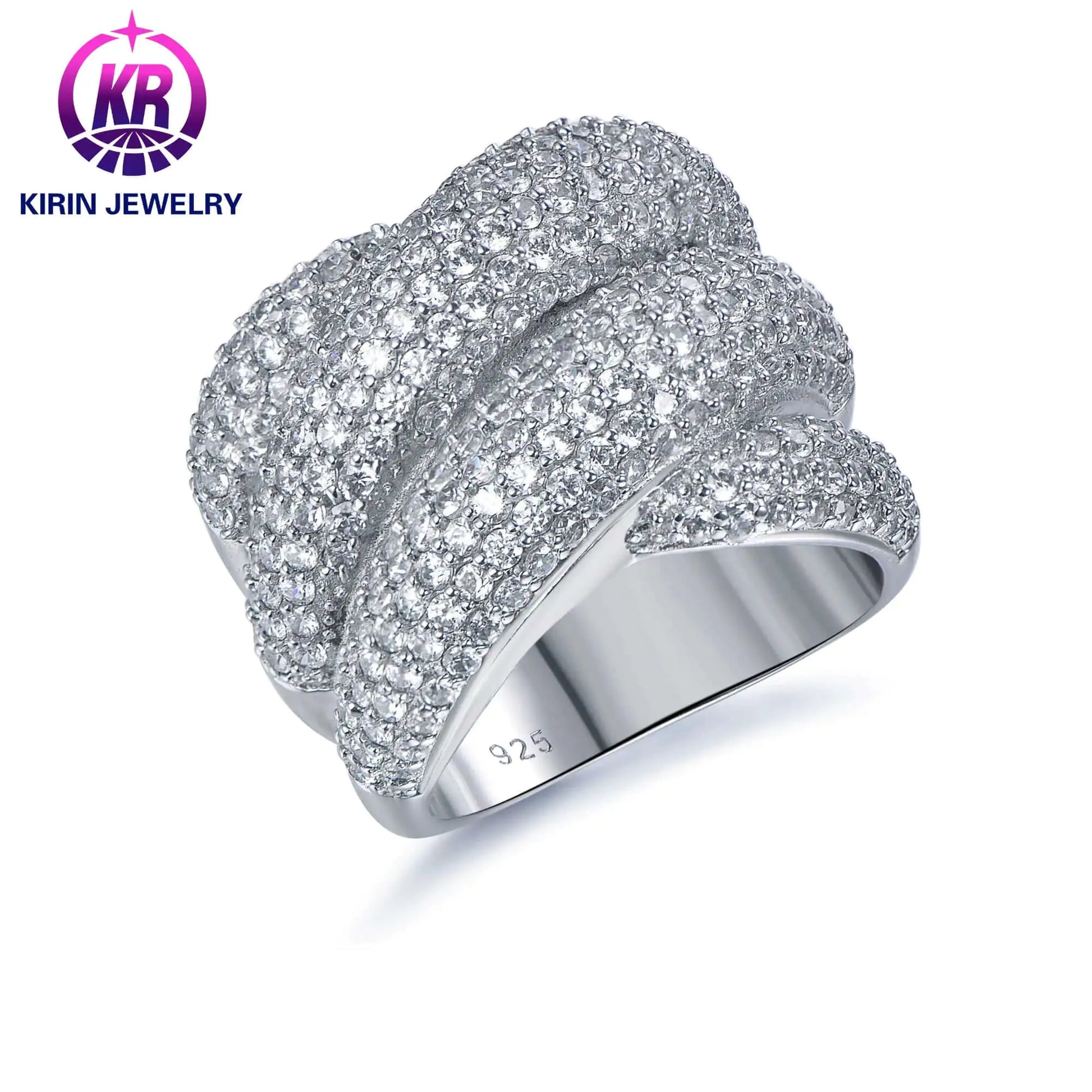 Wholesale Silver CZ Pave Set Intertwined Design Wide Band Diamond Engagement Rings