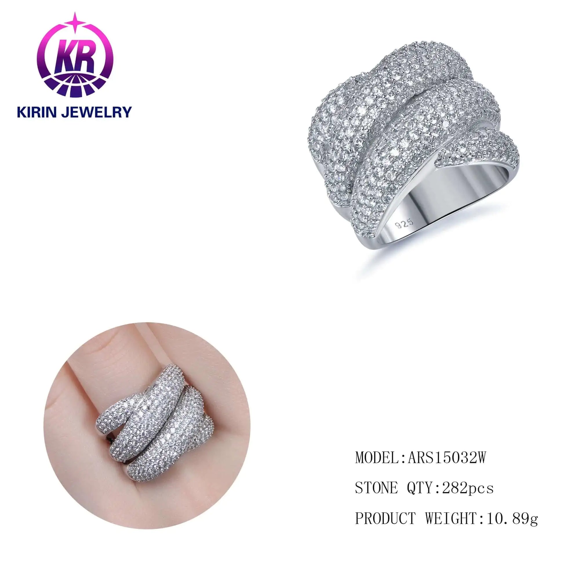 Wholesale Silver CZ Pave Set Intertwined Design Wide Band Diamond Engagement Rings for Women