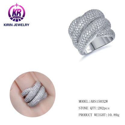 Wholesale Silver CZ Pave Set Intertwined Design Wide Band Diamond Engagement Rings for Women