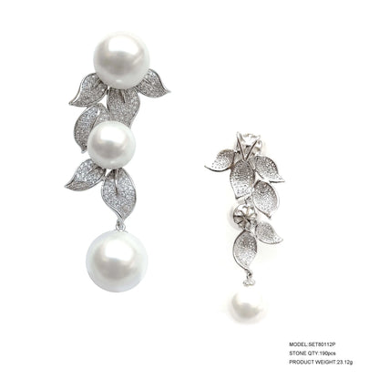 Wholesale Silver CZ & Pearl Leave Floral Shape Earrings Pearl Bridal Jewelry Sets