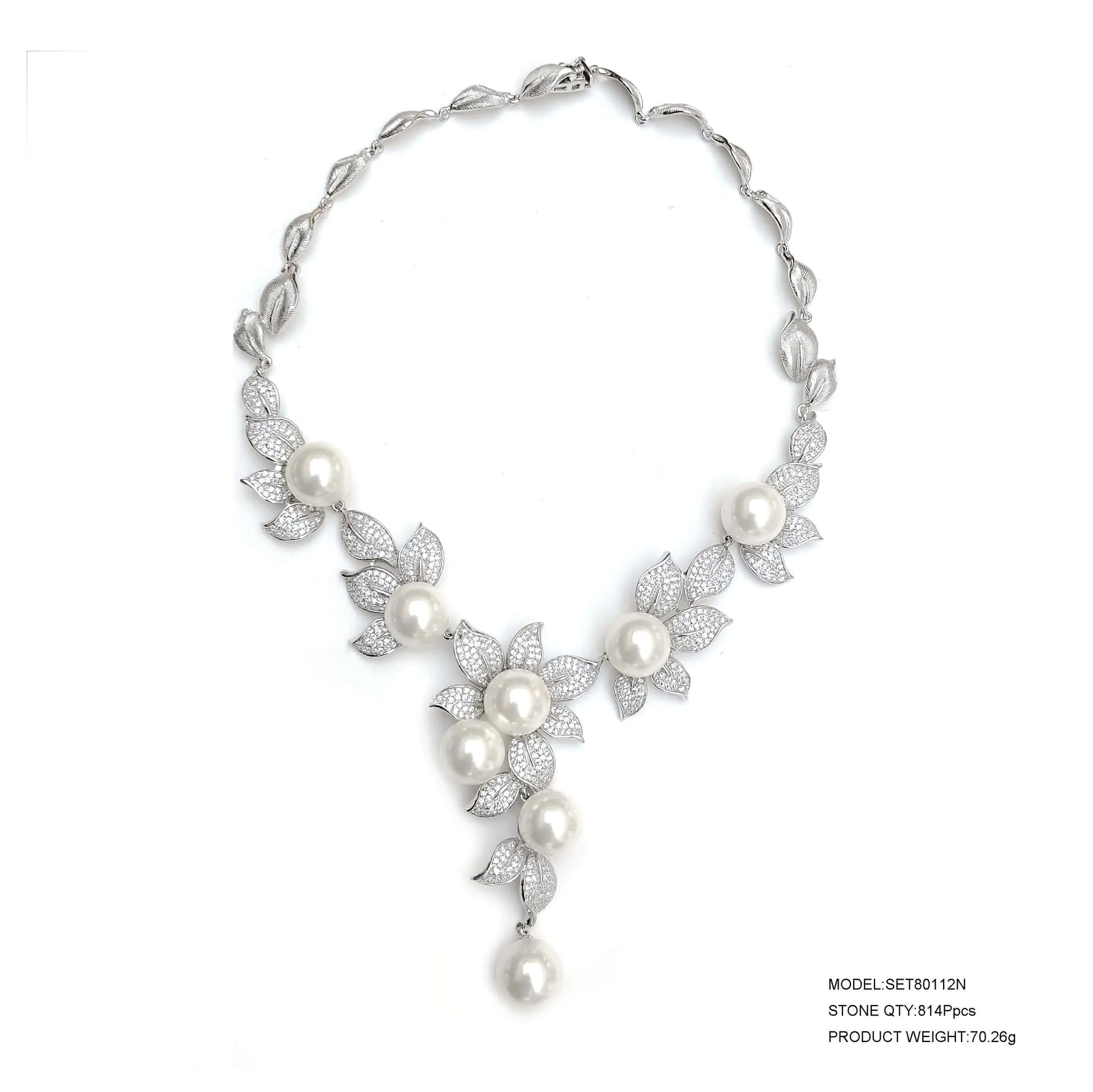 Wholesale Silver CZ & Pearl Leave Floral Shape Necklace Pearl Bridal Jewelry Sets