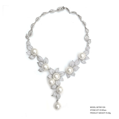 Wholesale Silver CZ & Pearl Leave Floral Shape Necklace Pearl Bridal Jewelry Sets