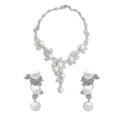 Wholesale Silver CZ & Pearl Leave Floral Shape Pearl Bridal Jewelry Sets